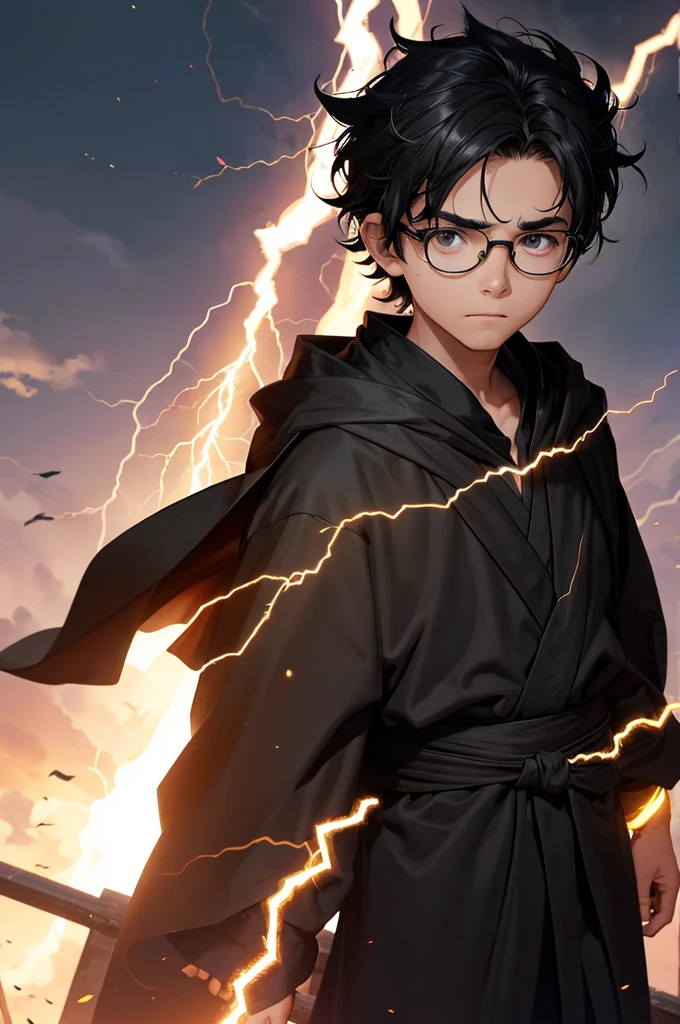 -yeld boShort, unkempt hair, Black Hair, Round black-rimmed glasses, Lightning bolt scar on forehead, Black Robe