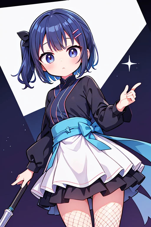 (masterpiece), (highest quality), ((Super detailed))、(super delicate)、Cute naughty Assassin girl、Pastel colors hair、medium breasts、(Thighs, fishnet pantyhose, ninja costume)、Gorgeous、short hair, (dark blue hair1.2), (naked:1.3), (おでこ:2.0, forehead:2.0, おでこ:2.0, forehead:2.0, parted bangs:1.5, swept bangs:1.5, bangs pinned back:1.5, asymmetrical bangs, hairclip, side ponytail:1,3), standard height, (Serious, Large eyes, yuruyuri)