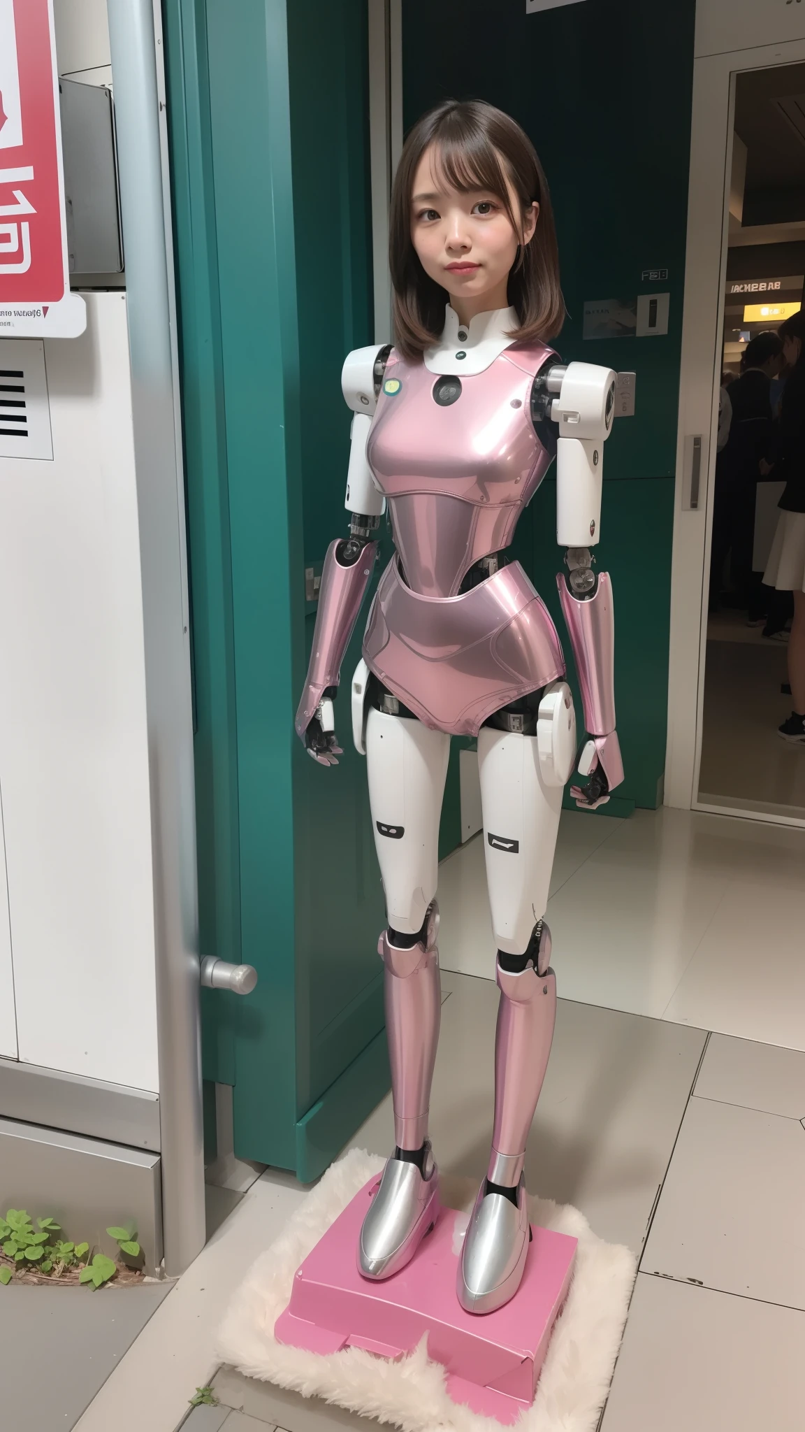 Robot Girl, pink, Silver, Metallic body, Robot Parts, Metal Parts, Super Detailed Face, Super well-formed face, of the highest quality, a small face, a small head, Brown hair, Slender body, Camera gaze, Internal Mechanical Exposure, Idol, front facing, Well-proportioned body, sale, Exhibited, Event Hall, Moe Pose, pink metallic Lolita dress machine armor, Standing with legs open, Model body type, sad, Embarrassing,(Perfect Robot Girl),(Perfect machine body)