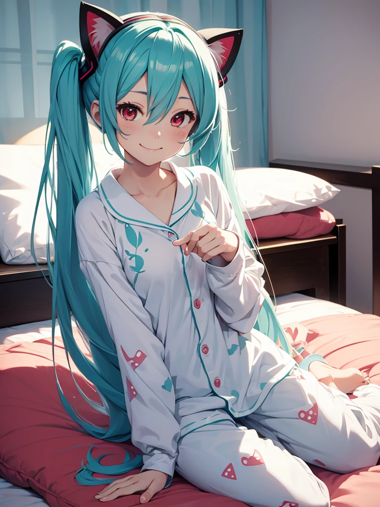hatsune miku, in the bed, pijama, red eyes, cat ears, smiling