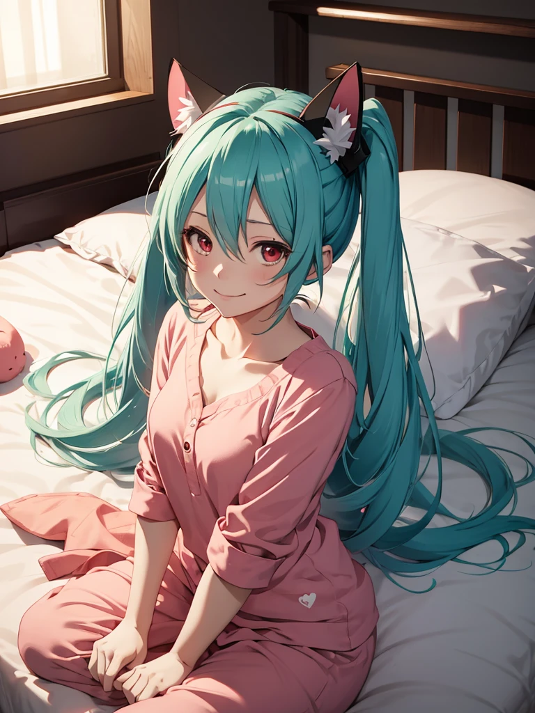 hatsune miku, in the bed, pijama, red eyes, cat ears, smiling