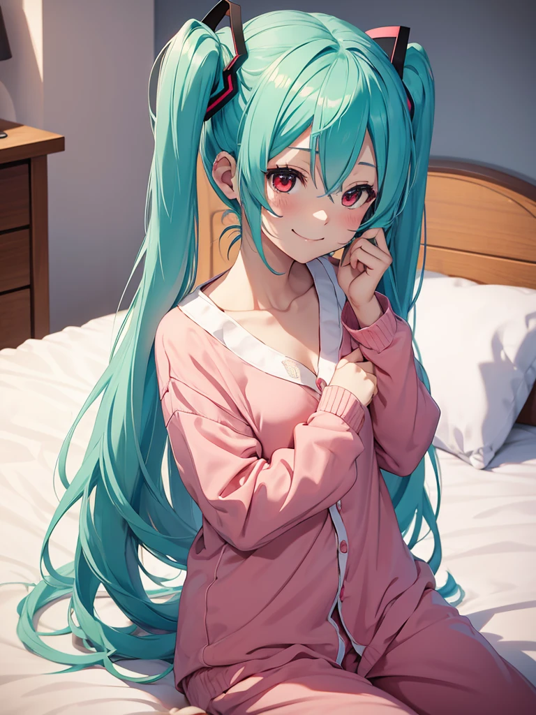 hatsune miku, in the bed, pijama, red eyes, cat ears, smiling