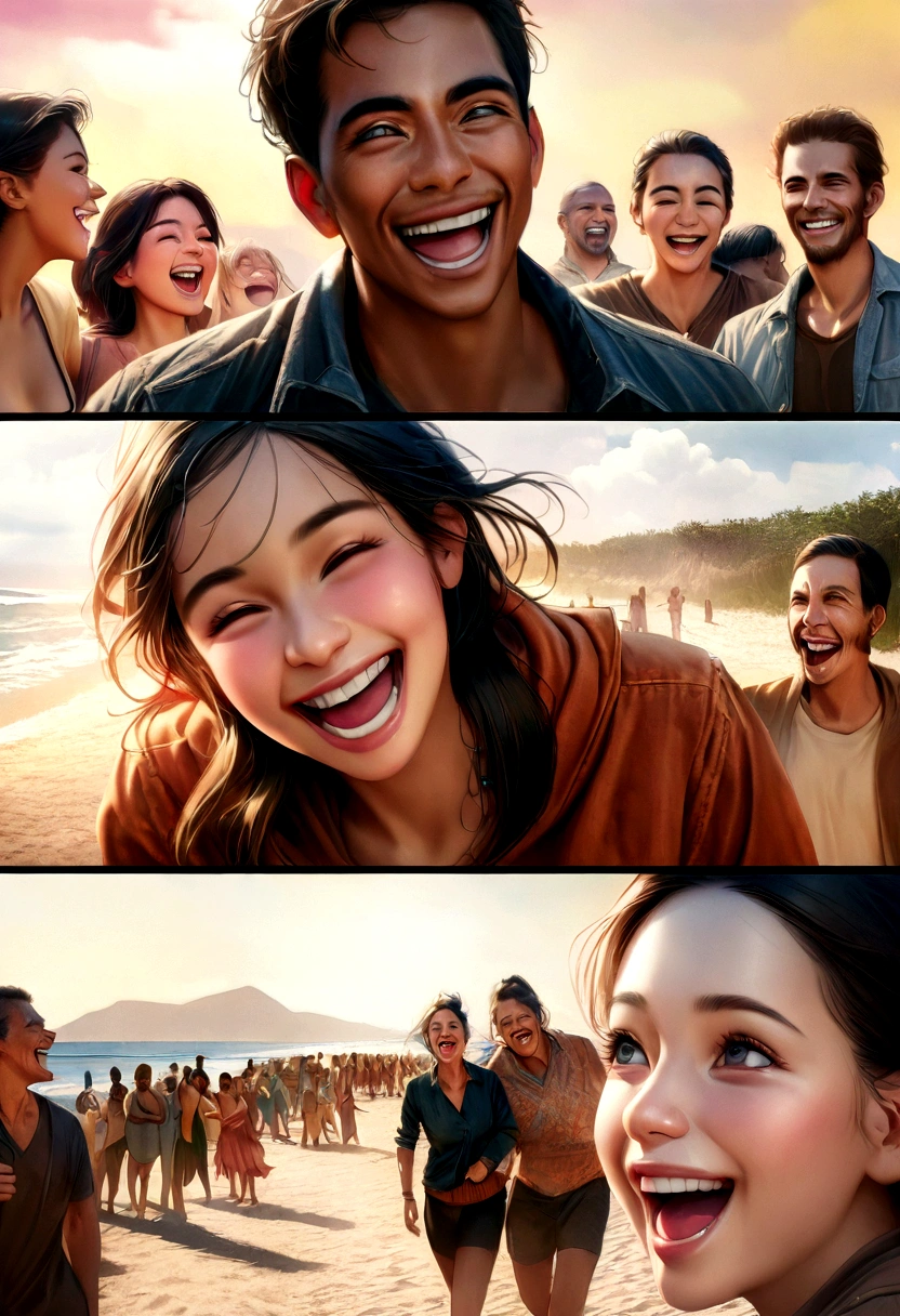 A diverse group of people laughing and smiling together on a beach. high quality, 8k, comic book style, highly detailed, hyper realistic, photorealistic, intricate details, normale lighting, vibrant colors, warm color tones, cinematic composition, epic, comic book style