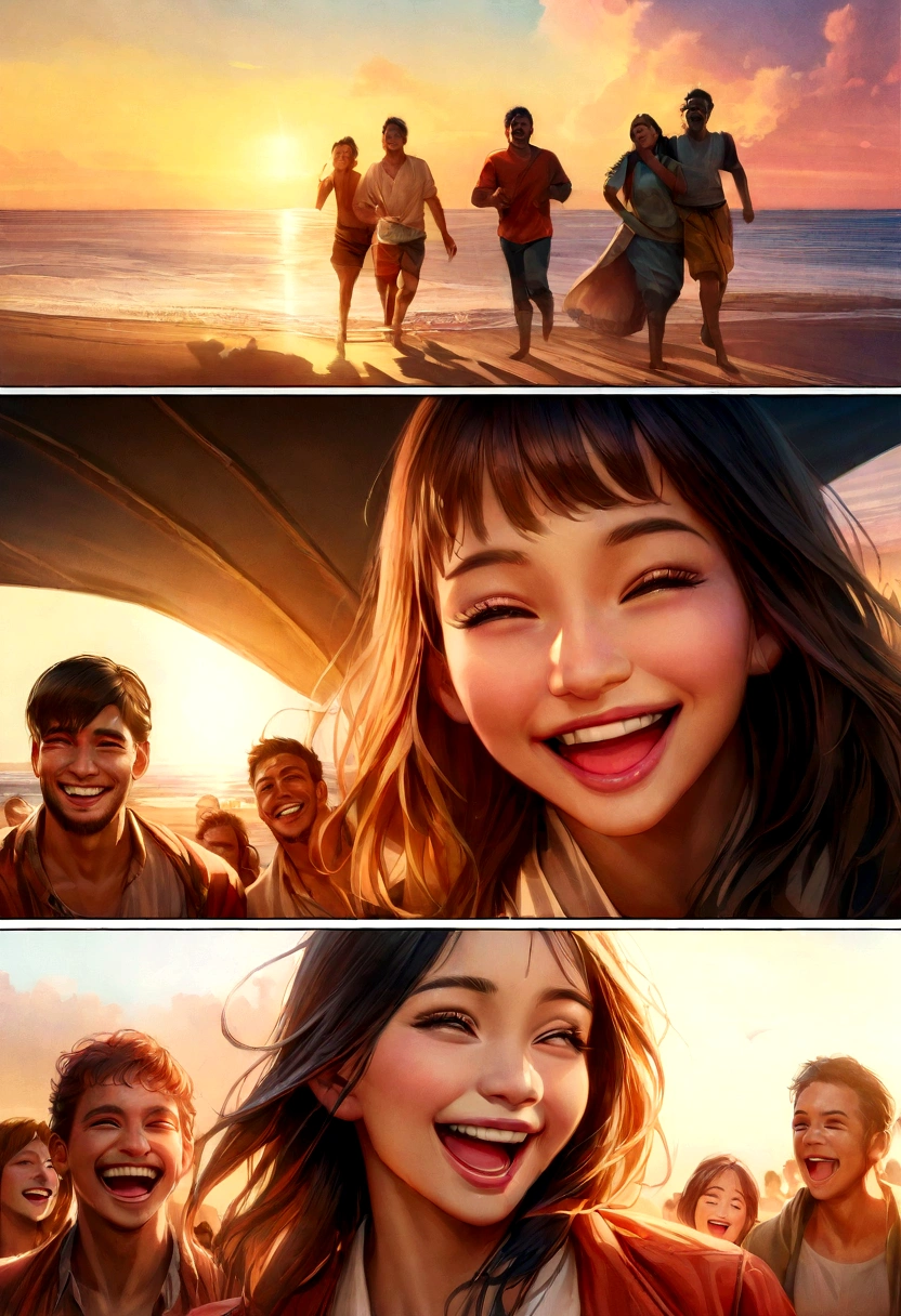 A diverse group of people laughing and smiling together on a beach. high quality, 8k, comic book style, highly detailed, hyper realistic, photorealistic, intricate details, normale lighting, vibrant colors, warm color tones, cinematic composition, epic, comic book style