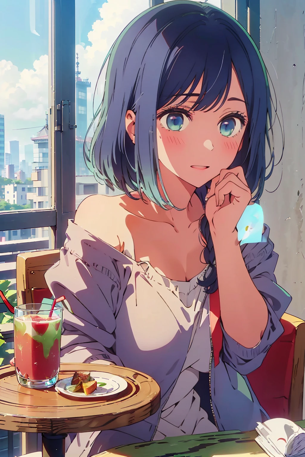 (Highest quality:1.4、8K:1.4、detailed)、F cup bust、Big Breasts、Slim body、Very white beautiful skin、((((1 person、Surprised expression、sit、Chair、In the background are the urban buildings of Tokyo、looking at the camera、Indoor cafe terrace、Navy hair color、juice、Shooting up close、table、Very cute face))))、((((nude、Areola))))、(Hand touching cheek pose:1.4、Cheek resting on hand:1.4)、((Off-the-shoulder zip-up jacket))