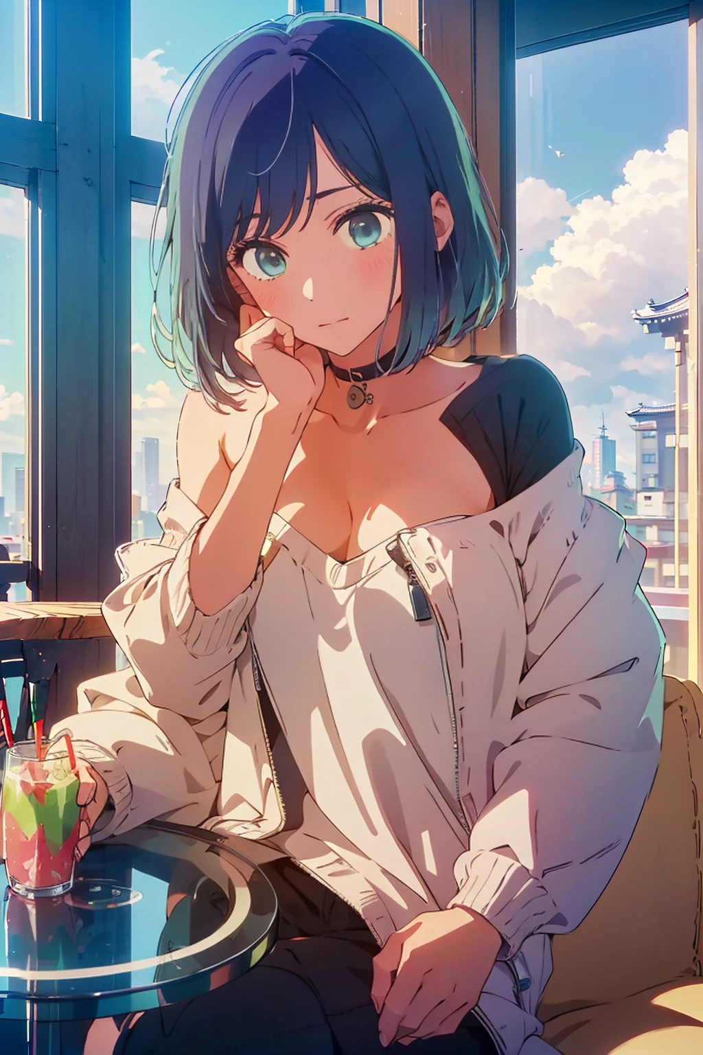 (Highest quality:1.4、8K:1.4、detailed)、F cup bust、Big Breasts、Slim body、Very white beautiful skin、((((1 person、Surprised expression、sit、Chair、In the background are the urban buildings of Tokyo、looking at the camera、Indoor cafe terrace、Navy hair color、juice、Shooting up close、table、Very cute face))))、((((nude、Areola))))、(Hand touching cheek pose:1.4、Cheek resting on hand:1.4)、((Off-the-shoulder zip-up jacket))