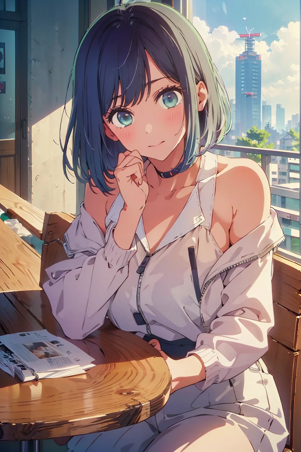 (Highest quality:1.4、8K:1.4、detailed)、F cup bust、、Slim body、Very white beautiful skin、((((1 person、Surprised expression、sit、Chair、In the background are the urban buildings of Tokyo、looking at the camera、Indoor cafe terrace、Navy hair color、juice、Shooting up close、table、Very cute face))))、((((nude、Areola、(Hanhing cheek pose:1.4、Cheek resting on hand:1.4)、((Off-the-shoulder zip-up jacket))