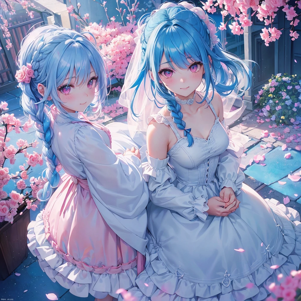 (Light blue medium hair),(Braided hair tied together)、Pink eyes、Fair skin、(whole body)、(uniform)、Cherry Blossoms at Night、A big smile、、(masterpiece、Highest quality、Very detailed、Best Shadow)、(Detailed Background)、(Beautifully detailed face)、High contrast、(Best lighting、Very delicate and beautiful)、((Cinematic Light))、colorful、Hyper Detail、Dramatic Light、Exquisite detail、