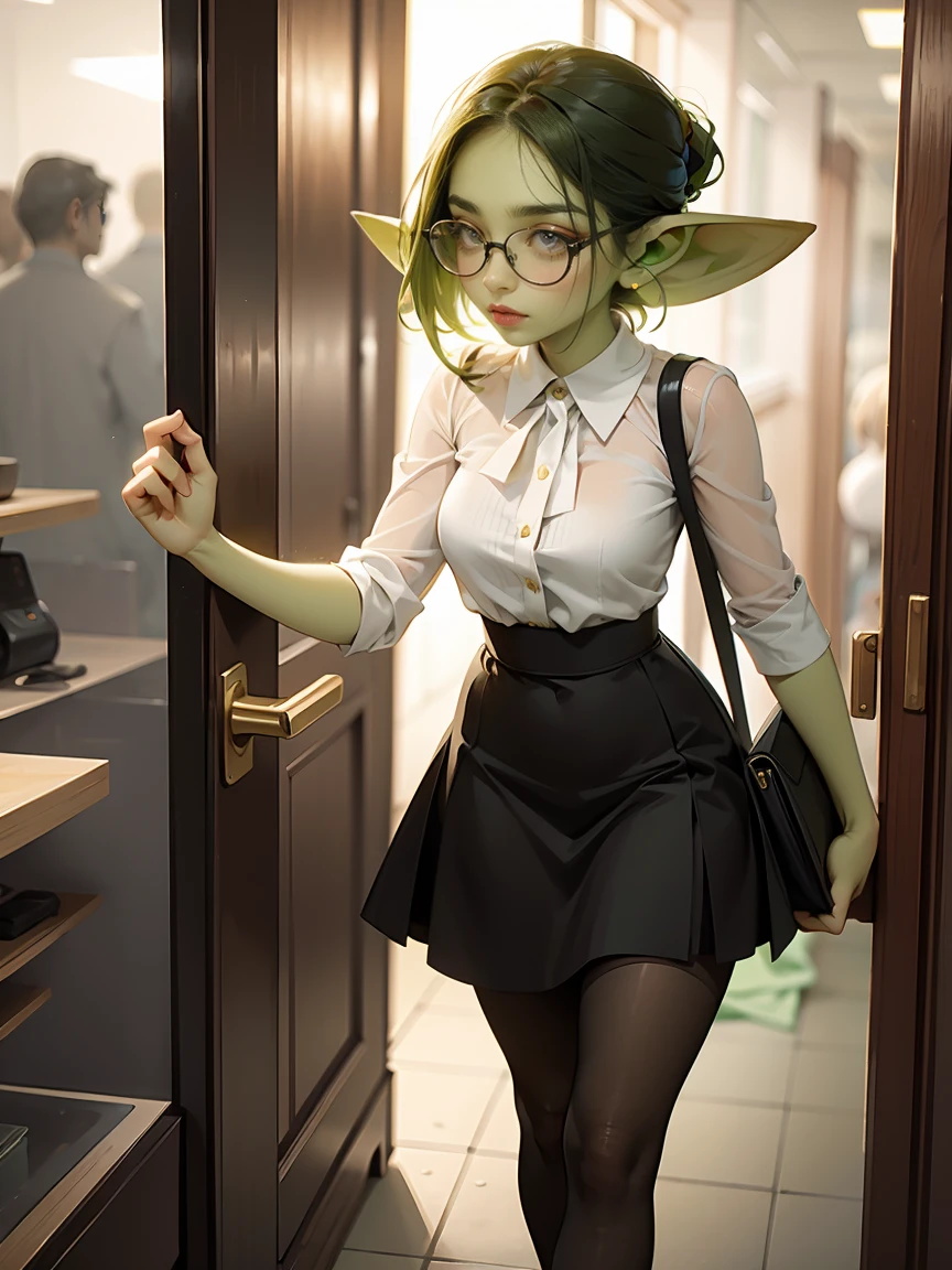 ((best quality)), ((masterpiece)), (detailed), perfect face, ((green skin)), pointy ears, very shy, tiny breasts, wearing black rimmed glasses, short dark hair, wearing white blouse and black skirt and black pantyhose and back pumps, (night outside), carrying purse, in an office building, heading for the door to go home, business attire, perfect hands, dynamic pose, soft lighting