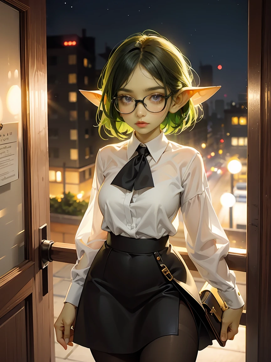 ((best quality)), ((masterpiece)), (detailed), perfect face, ((green skin)), pointy ears, very shy, tiny breasts, wearing black rimmed glasses, short dark hair, wearing white blouse and black skirt and black pantyhose and back pumps, (night outside), carrying purse, in an office building, heading for the door to go home, business attire, perfect hands, dynamic pose, soft lighting