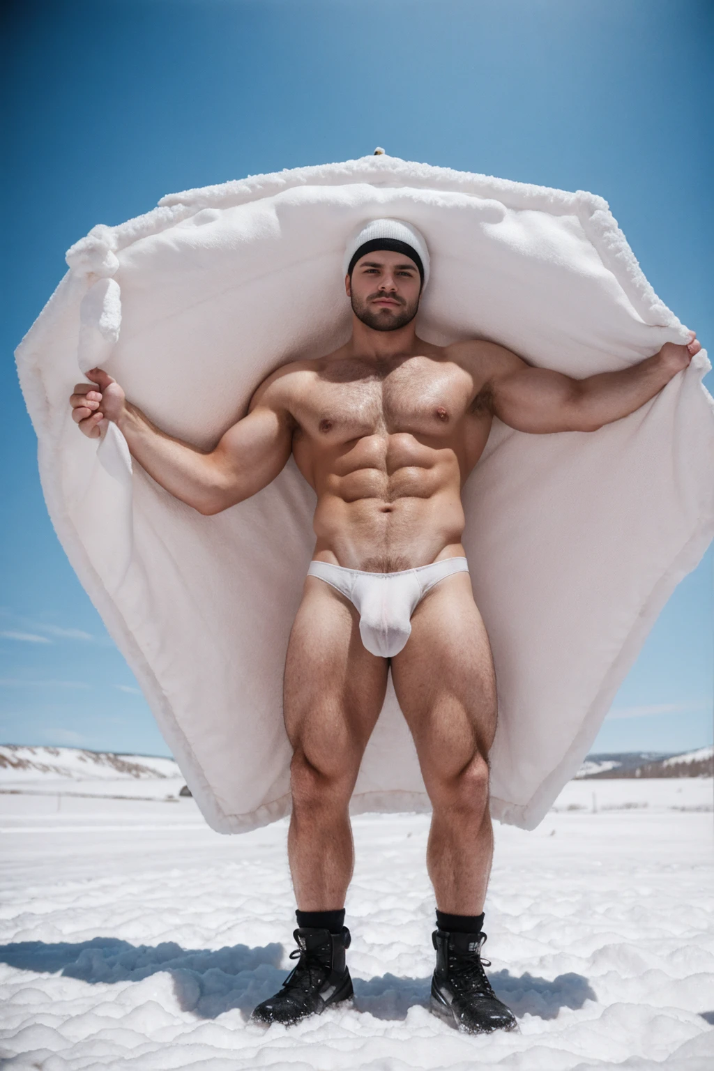 1 stocky shirtless Russian gay is standing with his legs and thighs opened and spread in the snow with wide landscape of snowfield , 1 man only, no other people, iceblocks and icelake and snow scene, he is wearing white fur gloves, fur woolen hat to cover snow , moustache, facial hair, white transparent thong bikini highlighting big bulge and big butts, Wear knee-length fur shoes.,masculine and stocky, shirtless, handsome face with detailed facial features, shirtless and wearing nothing, correct accurate male anatomy,skinny boy body, muscle body,sport body, big muscle, Handsome face, wet oiled waxy shiny greasy muscles and skin, flawless white skin, masterpiece, professional DSLR shoot and retouching, illustration art, shadow, highlight, sharpness, depth of field, dessert and Russian snow field environment, sexy, hot gay erotic illustration art, sexy and hot,Close-up photo