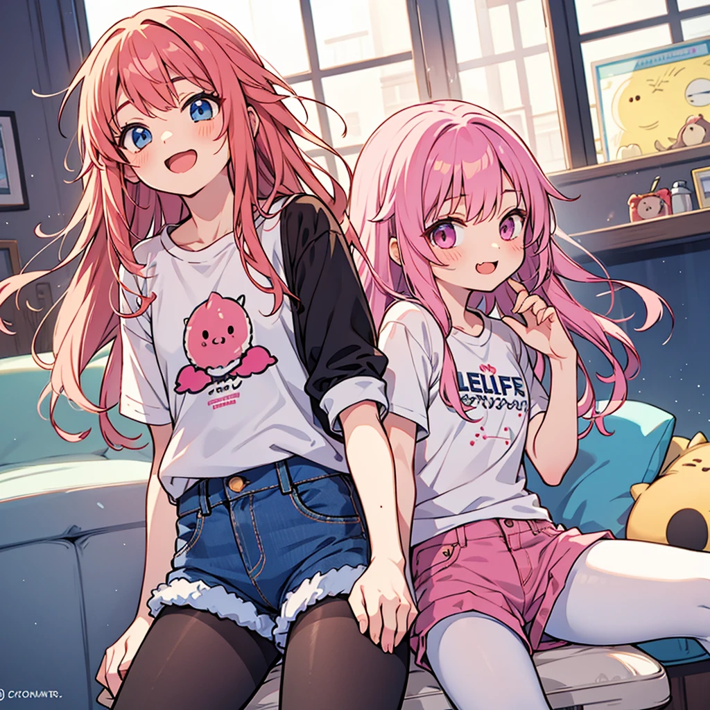Anipoma 1,(masterpiece, best illustrations, Best Manga), alone, 1 girl, purple eyes, (shiny skin, soft hair), (Have a milkshake), freckles, (bright pink two-tone hair:1.3), (Wearing a Led Zeplin T-shirt, denim jeans), (extreme light and shadow, volume lighting, rim lighting), (dawn:.5), (Rainbow Light, Light leakage), (fascinating, grin), (alone), Manga Dusk 1, Manwha 1