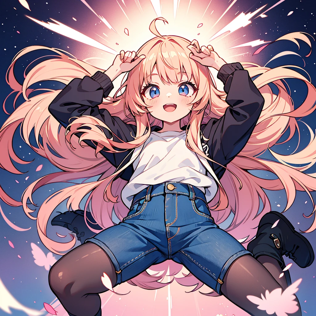 Anime style,shota,pink long hair,denim shorts,long pantyhose,beaming face,spread legs,♥