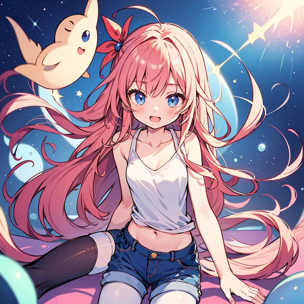 Anime style,shota,pink long hair,denim shorts,long pantyhose,beaming face,spread legs,♥