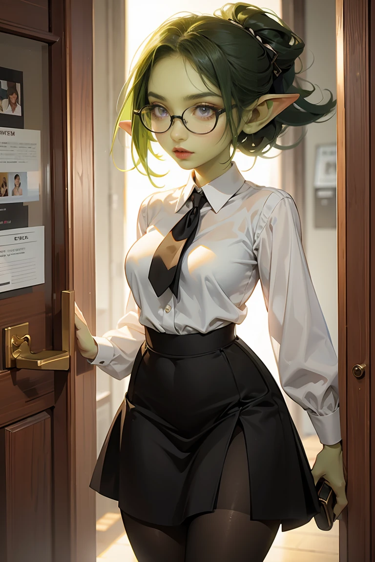 ((best quality)), ((masterpiece)), (detailed), perfect face, ((green skin)), pointy ears, very shy, tiny breasts, wearing black rimmed glasses, short dark hair, wearing white blouse and black skirt and black pantyhose and back pumps, (night outside), carrying purse, in an office building, heading for the door to go home, business attire, perfect hands, dynamic pose, soft lighting