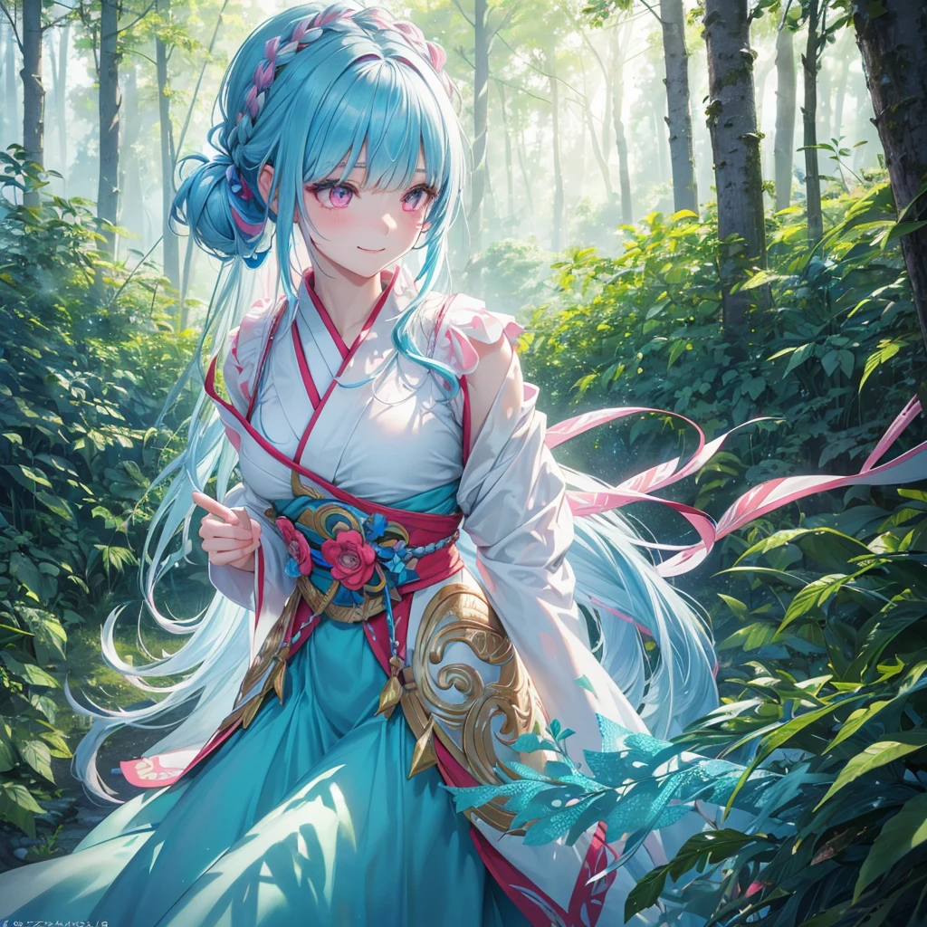sky Blue hair, (braided ponytail),(pink eyes),fair skin ,(full body),1 girl,smile,white red kimono,(Fresh green forest),Forest Goddess,Straight Bangs,(masterpiece, best quality, ultra-detailed, best shadow), (detailed background), (beautiful detailed face), high contrast, (best illumination, an extremely delicate and beautiful), ((cinematic light)), colorful, hyper detail, dramatic light, intricate details,guardian of the forest,Leaf Blizzard,