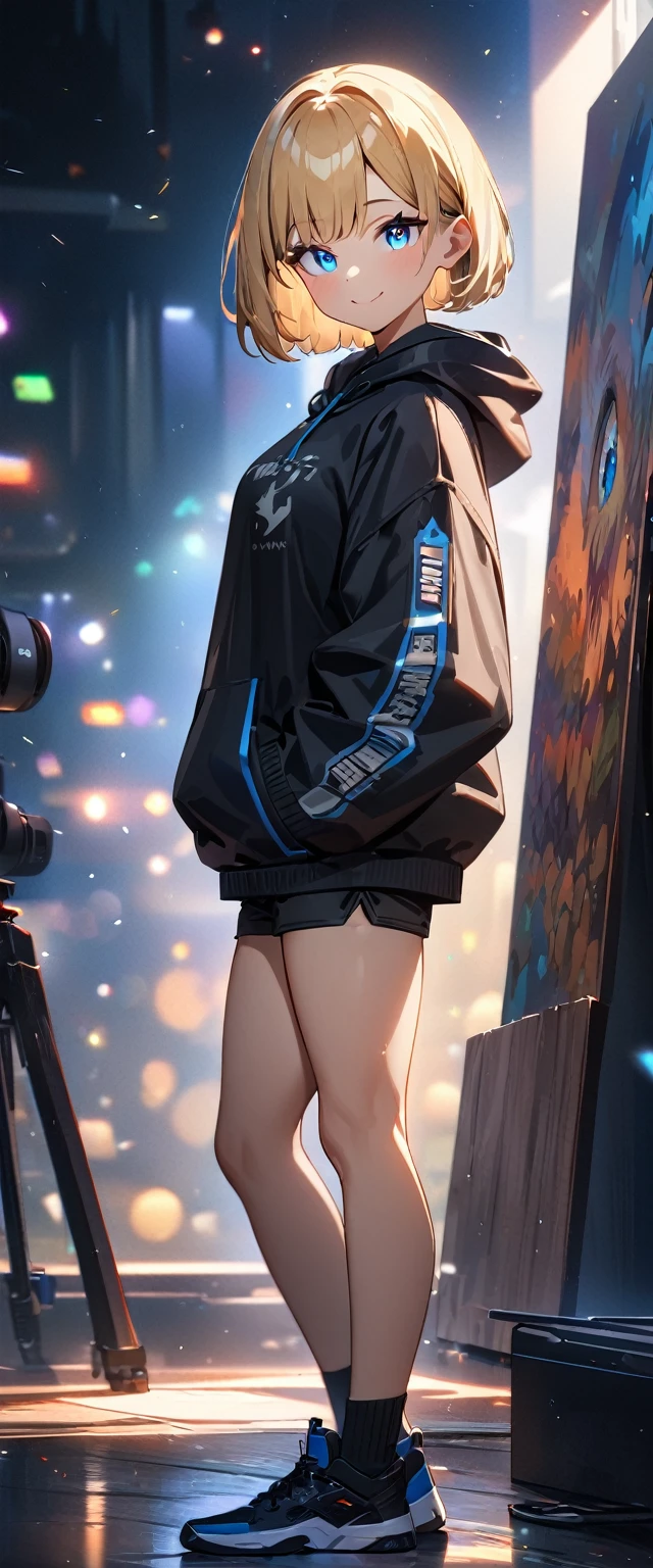 (((One girl))), blond hair, bob cut, (looking at viewer), breasts, teenager, head tilt:1.3, (((blue eye))), (from side), hand in pocket, ((happy smile)), black hoodie, black shorts, dark high cut sneakers, black ankle socks, anime style, (best quality, 4k, 8k, highres, masterpiece:1.2, ultra-detailed, ultra-detailed eyes, HDR, UHD, studio lighting, ultra-fine painting, sharp focus, physically-based rendering, extreme detail description, professional, vivid colors, bokeh)