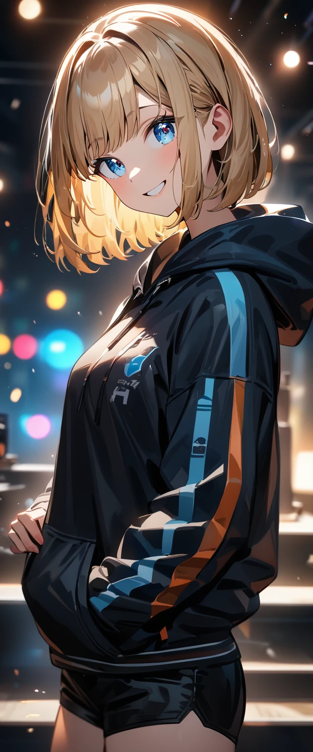 (((One girl))), blond hair, Wavy Hair, bob cut, (cowboy shot), (looking at viewer), ((black naked jacket:1.3, sleeves past wrists)), (((oversized))), cleavage, face in focus, ager, head tilt:1.3, (((blue eye))), ((sunglasses)), ((happy smile)), ((blush)), contrapposto, one hand on hip, black panties, anime style, (best quality, 4k, 8k, highres, masterpiece:1.2, ultra-detailed, ultra-detailed eyes, HDR, UHD, studio lighting, ultra-fine painting, sharp focus, physically-based rendering, extreme detail description, professional, vivid colors, bokeh)