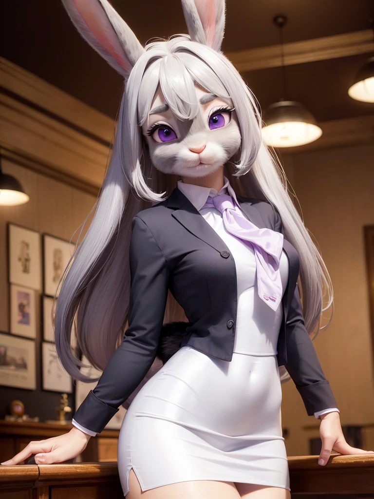best quality,
masterpiece,
hyper Realistic,
ultra-detailed,
beautiful detailed,
4K,8K,High level,
PIXAR,
Photo real,
Portrait,
Looking at the audience,
background is an office,
Realistic lighting,
((anthropomorphic rabbit)),
detailed animals,
Complex patterns,
((whole body gray fur)),
((rabbit hands)),
(Face is JudyHopps:1.35),
((long straight hair)),
wispy bangs, bangs,
purple eyes,
(arched eyebrows:1.1),
(uplift eyebrows:1.1),
(rabbit ears:1.1),
office lady is wearing suit,
((White blouse)),
(Black blazer jacket:0),
((Black skirt)),
clothes made of cotton,
(solo:1.5),
(1 lady:1.5),
one character only
alone,
Perfect Anatomy,