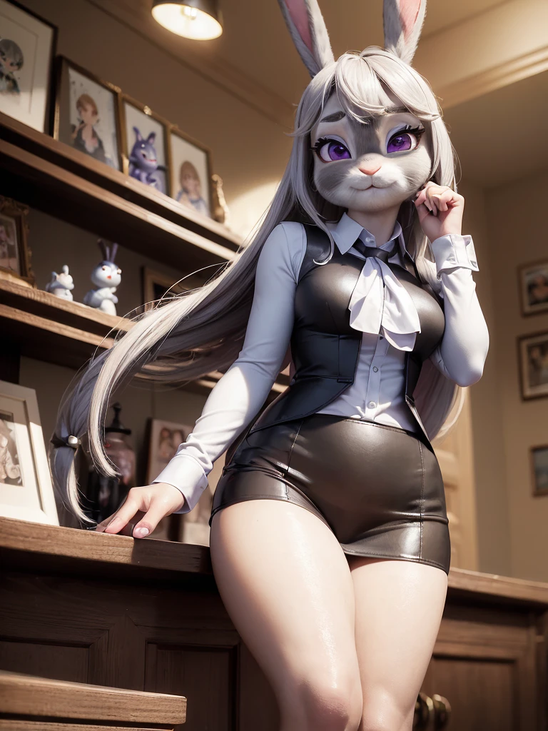best quality,
masterpiece,
hyper Realistic,
ultra-detailed,
beautiful detailed,
4K,8K,High level,
PIXAR,
Photo real,
Portrait,
Looking at the audience,
background is an office,
Realistic lighting,
((anthropomorphic rabbit)),
detailed animals,
Complex patterns,
((whole body gray fur)),
((rabbit hands)),
(Face is JudyHopps:1.35),
((long straight hair)),
wispy bangs, bangs,
purple eyes,
(arched eyebrows:1.1),
(uplift eyebrows:1.1),
(rabbit ears:1.1),
office lady is wearing suit,
((White blouse)),
(Black blazer jacket:0),
((Black skirt)),
clothes made of cotton,
(solo:1.5),
(1 lady:1.5),
one character only
alone,
Perfect Anatomy,