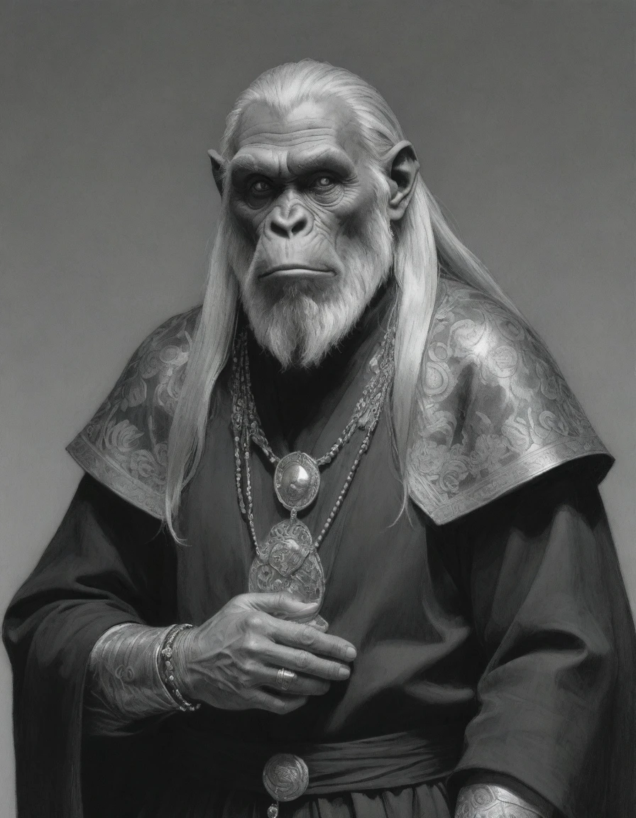 by Moebius, (((Rough monochrome drawing, gray scale, Linear style, hand drawn, coal sketch on paper))), portrait of an ape human priest, long blond hair, wearing beads and pendants of moth jewelry, who is solemn, upright, posing arrogantly, smug, insane, wearing a golden black robe covering his entire body, with hanfu elements, with a long cape, psychedelic background