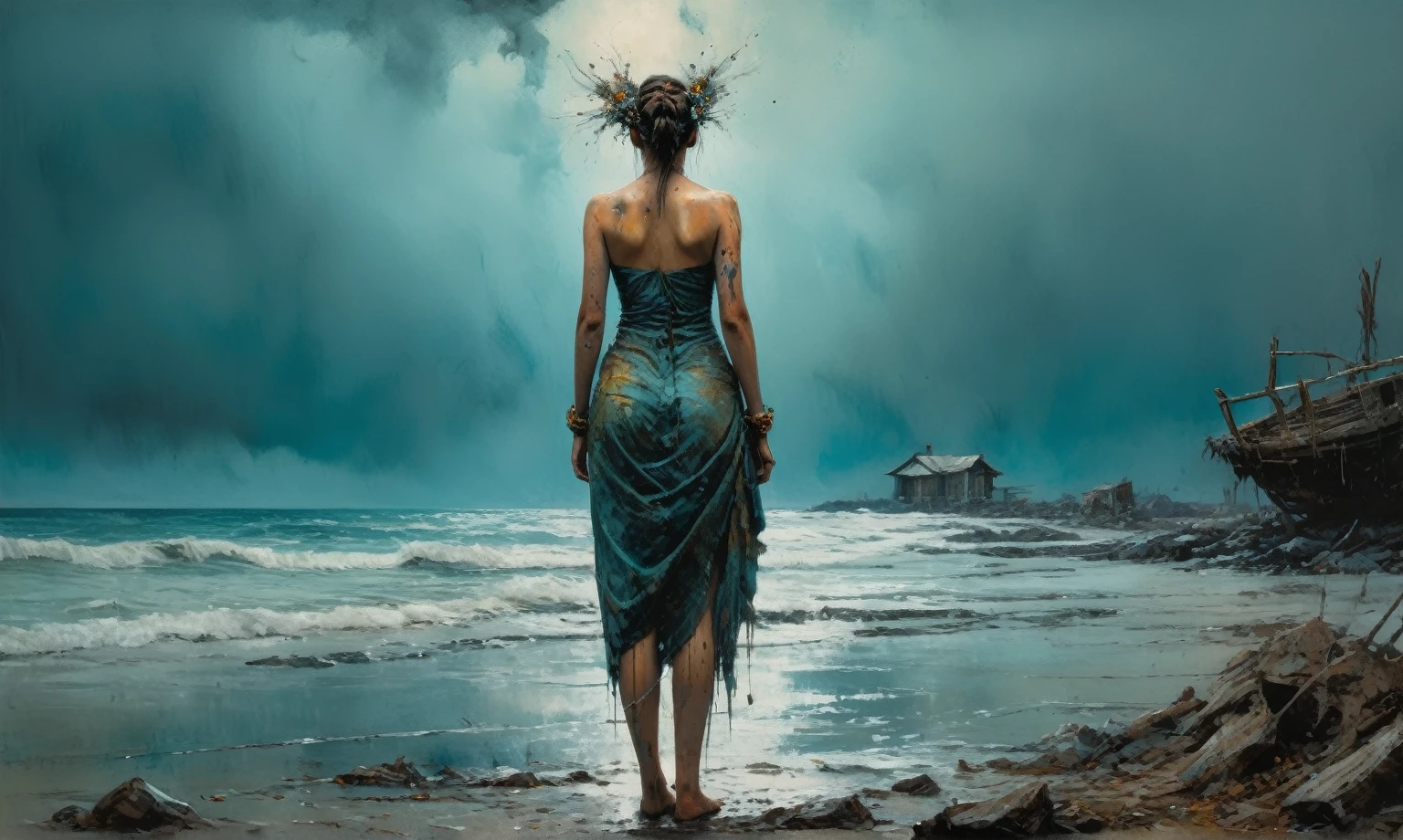  woman, stunning, highly detailed, 8k, ornate, intricate, cinematic, dehazed, atmospheric, (oil painting:0.75), (splash art:0.75),(teal:0.2),(orange:0.2), (by Jeremy Mann:0.5), (by John Constable:0.1),(by El Greco:0.5),(acrylic paint:0.75)full-body-shot,High contrast,Masterpiece,Realistic,Ultra Detailed,intricate details,realistic humid skin,extremely intricate,realism,photorealism, cinematic style,irina yermolova,HDR,((Wangechi Quality)),extremely detailed, [night landscape],masterpiece,intricate details,faded,eyes extremely detailed, high detailed eyes,16k resolution,RAW, Nikon Z9,chinese orc's village of fishers on seaside,authentic,full body length,Labradorite babygirl,native italian troll ,pretty face,eyebrow up,full body shot,ominous landscape,glate gray atmosphere,by art Simon Stalenhag,Nicola Samori,(((Wangechi Mutu))),prime colors,urban,extremely detailed,masterpiece,intricate details,faded,eyes extremely detailed, high detailed eyes,4k resolution,RAW, Nikon Z9