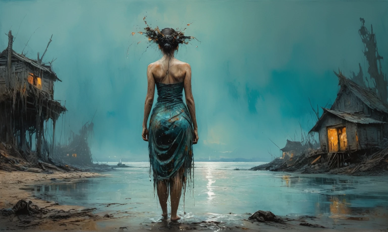 woman, stunning, highly detailed, 8k, ornate, intricate, cinematic, dehazed, atmospheric, (oil painting:0.75), (splash art:0.75),(teal:0.2),(orange:0.2), (by Jeremy Mann:0.5), (by John Constable:0.1),(by El Greco:0.5),(acrylic paint:0.75)full-body-shot,High contrast,Masterpiece,Realistic,Ultra Detailed,intricate details,realistic humid skin,extremely intricate,realism,photorealism, cinematic style,irina yermolova,HDR,((Wangechi Quality)),extremely detailed, [night landscape],masterpiece,intricate details,faded,eyes extremely detailed, high detailed eyes,16k resolution,RAW, Nikon Z9,chinese orc's village of fishers on seaside,authentic,full body length,Labradorite babygirl,native italian troll ,pretty face,eyebrow up,full body shot,ominous landscape,glate gray atmosphere,by art Simon Stalenhag,Nicola Samori,(((Wangechi Mutu))),prime colors,urban,extremely detailed,masterpiece,intricate details,faded,eyes extremely detailed, high detailed eyes,4k resolution,RAW, Nikon Z9