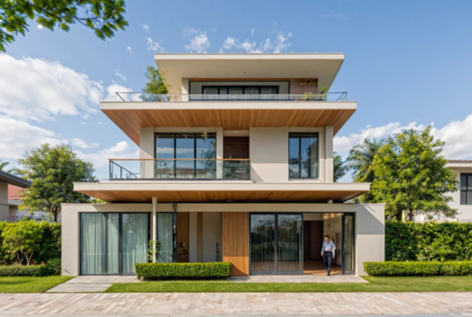 head of'artwork, High quality, best quality, authentique, great detail, En plein air, villa de plain-piedXL, credit group, style de maison moderne dans la rue ,stairs, white wall ,road,pavement, grass, trees, sky, nuvens, (day light:1.1)