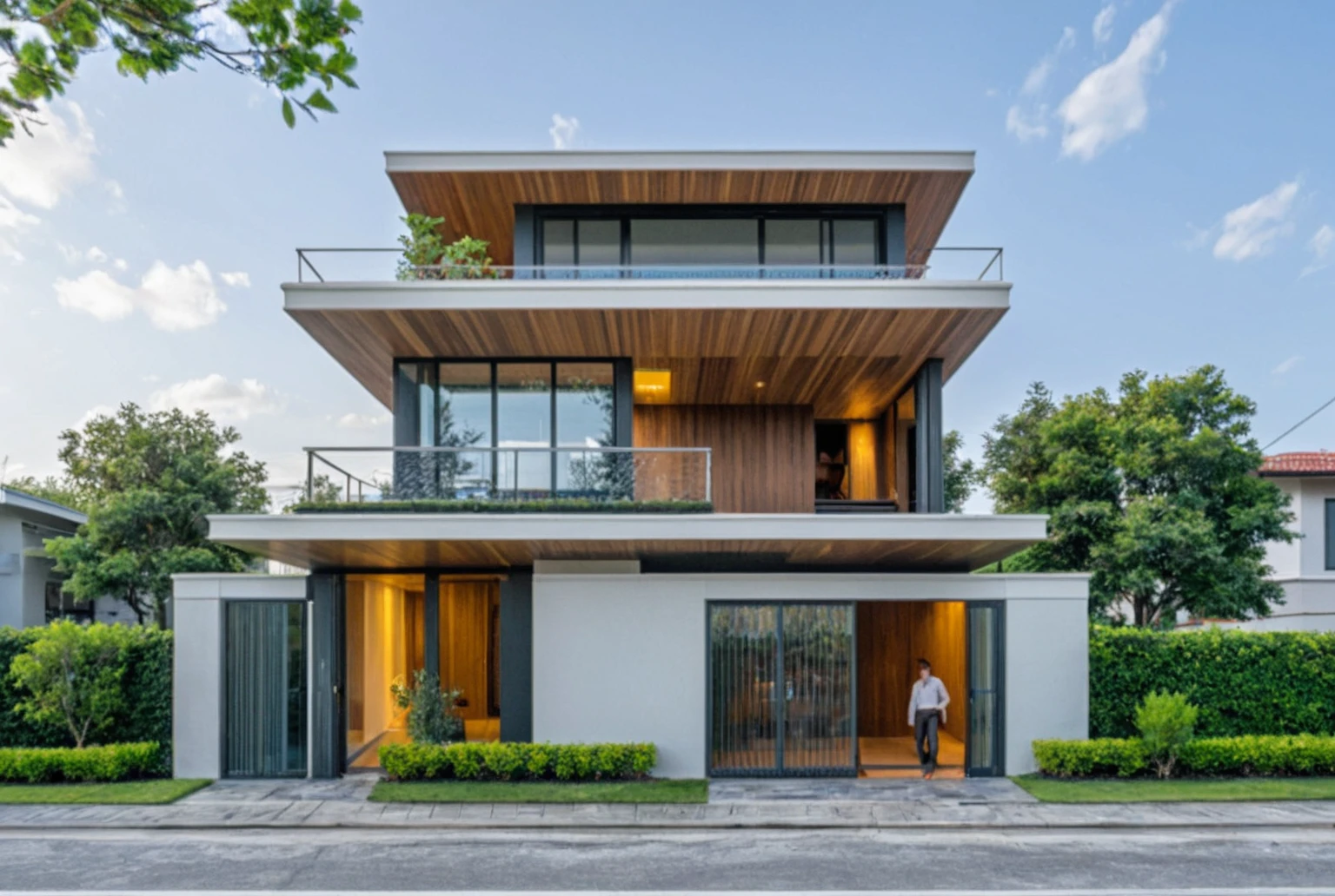 head of'artwork, High quality, best quality, authentique, great detail, En plein air, villa de plain-piedXL, credit group, style de maison moderne dans la rue ,stairs, white wall ,road,pavement, grass, trees, sky, nuvens, (day light:1.1)