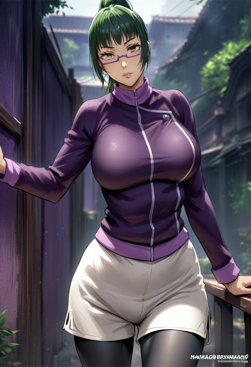 hmanga, (masterpiece, finely detailed beautiful eyes : 1.2), hdr, realistic, high resolution, (best quality, masterpiece:1.2), ultra detailed, (anime), 1girl, maki exp, green hair, ponytail, long hair, brown eyes, purple glasses, side locks, large breasts, lips, purple jacket, long sleeves, white shorts, leggings, leggings under shorts, standing, (looking at viewer), (front view),
