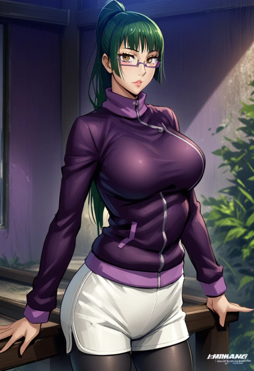 hmanga, (masterpiece, finely detailed beautiful eyes : 1.2), hdr, realistic, high resolution, (best quality, masterpiece:1.2), ultra detailed, (anime), 1girl, maki exp, green hair, ponytail, long hair, brown eyes, purple glasses, side locks, large breasts, lips, purple jacket, long sleeves, white shorts, leggings, leggings under shorts, standing, (looking at viewer), (front view),
