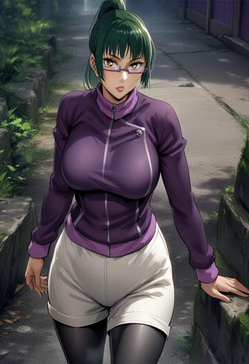 hmanga, (masterpiece, finely detailed beautiful eyes : 1.2), hdr, realistic, high resolution, (best quality, masterpiece:1.2), ultra detailed, (anime), 1girl, maki exp, green hair, ponytail, long hair, brown eyes, purple glasses, side locks, large breasts, lips, purple jacket, long sleeves, white shorts, leggings, leggings under shorts, standing, (looking at viewer), (front view),
