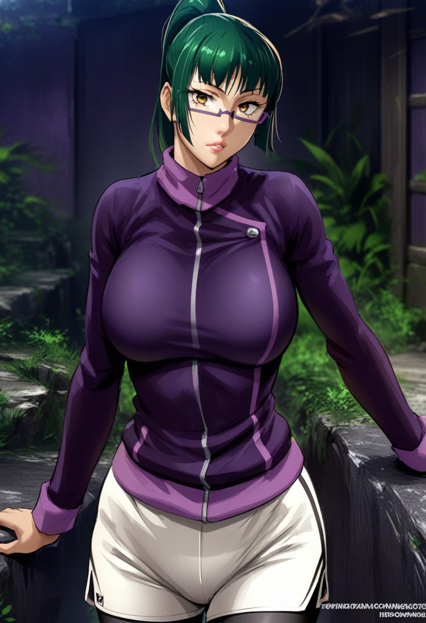 hmanga, (masterpiece, finely detailed beautiful eyes : 1.2), hdr, realistic, high resolution, (best quality, masterpiece:1.2), ultra detailed, (anime), 1girl, maki exp, green hair, ponytail, long hair, brown eyes, purple glasses, side locks, large breasts, lips, purple jacket, long sleeves, white shorts, leggings, leggings under shorts, standing, (looking at viewer), (front view),
