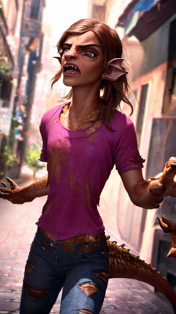 1girl, ewt, Emma watson, beautiful detailed eyes, horrified, scared, beautiful detailed lips, extremely detailed eyes and face, long brown hair, pink t-shirt, jeans, tattered clothes, standing on a street corner, award winning, intricate details, photorealistic, cinematic lighting, volumetric lighting, depth of field, beautiful face, striking pose, dynamic composition, vivid colors, warm tones, transformation into a dragon, green dragon with gold scales, magma scales
