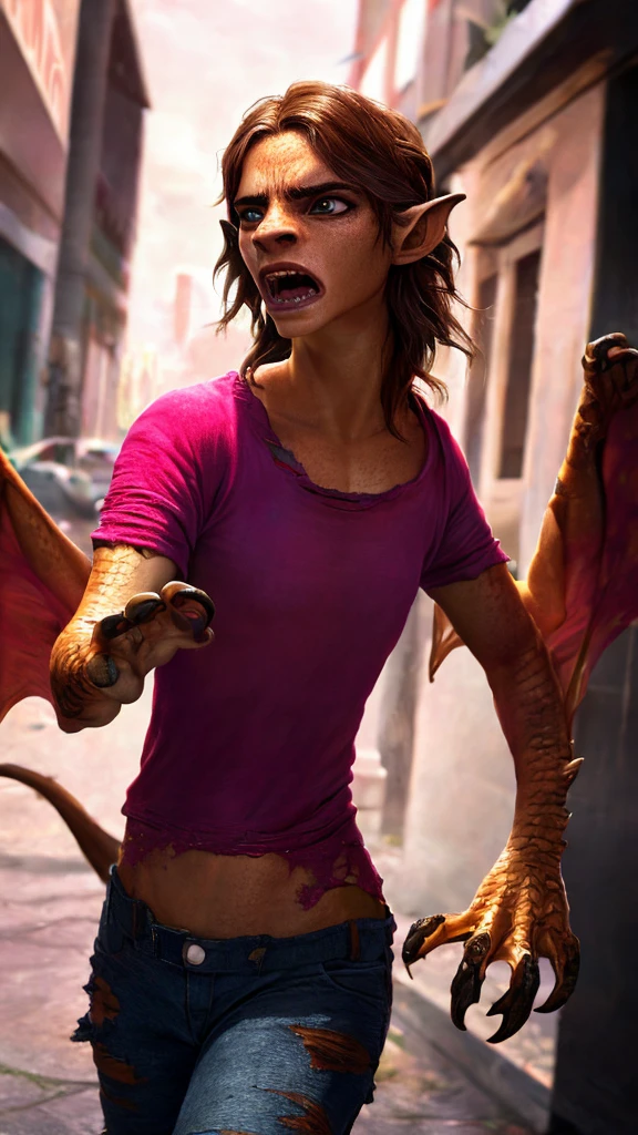 1girl, ewt, Emma watson, beautiful detailed eyes, horrified, scared, beautiful detailed lips, extremely detailed eyes and face, long brown hair, pink t-shirt, jeans, tattered clothes, standing on a street corner, award winning, intricate details, photorealistic, cinematic lighting, volumetric lighting, depth of field, beautiful face, striking pose, dynamic composition, vivid colors, warm tones, transformation into a dragon, green dragon with gold scales, magma scales