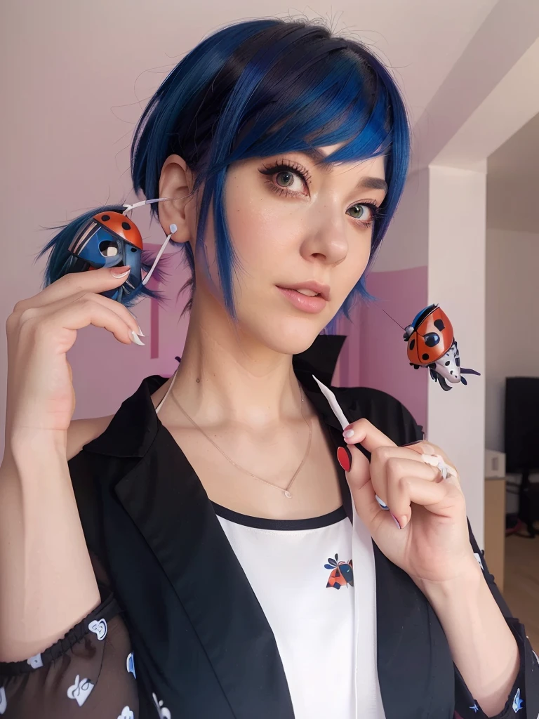 There is a blue-haired woman holding a toy and a cell phone., realistic cosplay, Miraculous ladybug, professional cosplay, Ilya Kuvshinov and Artgerm, anime inspired, anime girl in real life, alena aenami and artgerm, Miraculous, glamorous cosplay, ladybug as monster, anime realism style, chica anime cosplay, cosplay completo