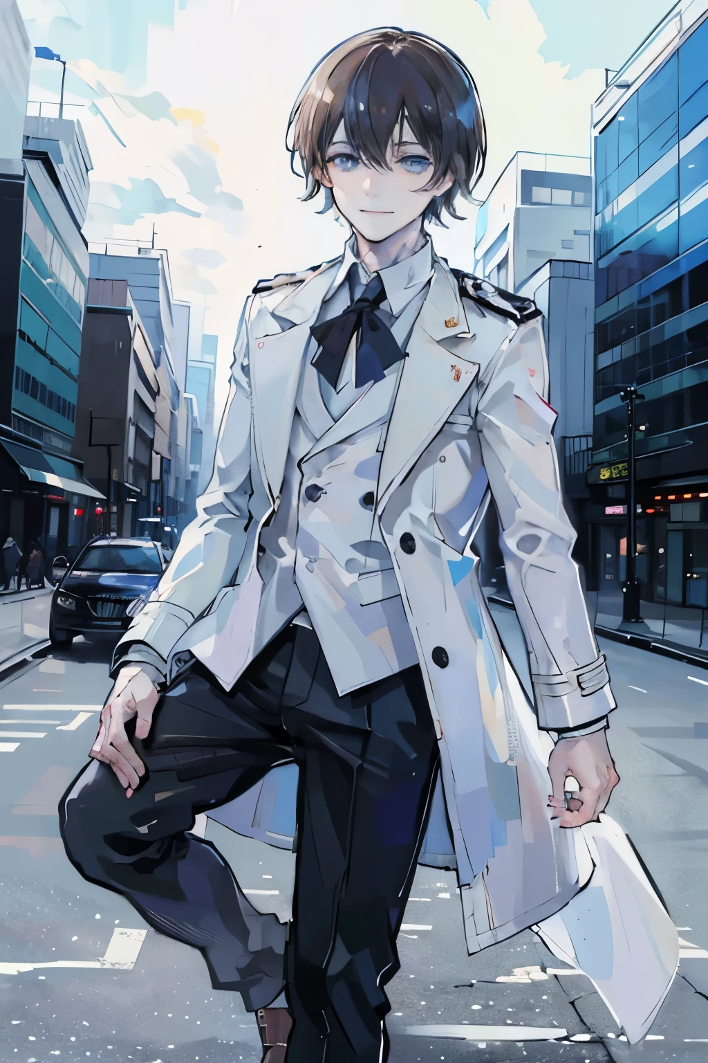 young man, brown hair, blue eyes, smiling, medium hair, wearing a pure white trench coat, wearing black pants, in one city, 4k, detailed, sui ishida art style, detailed eyes,