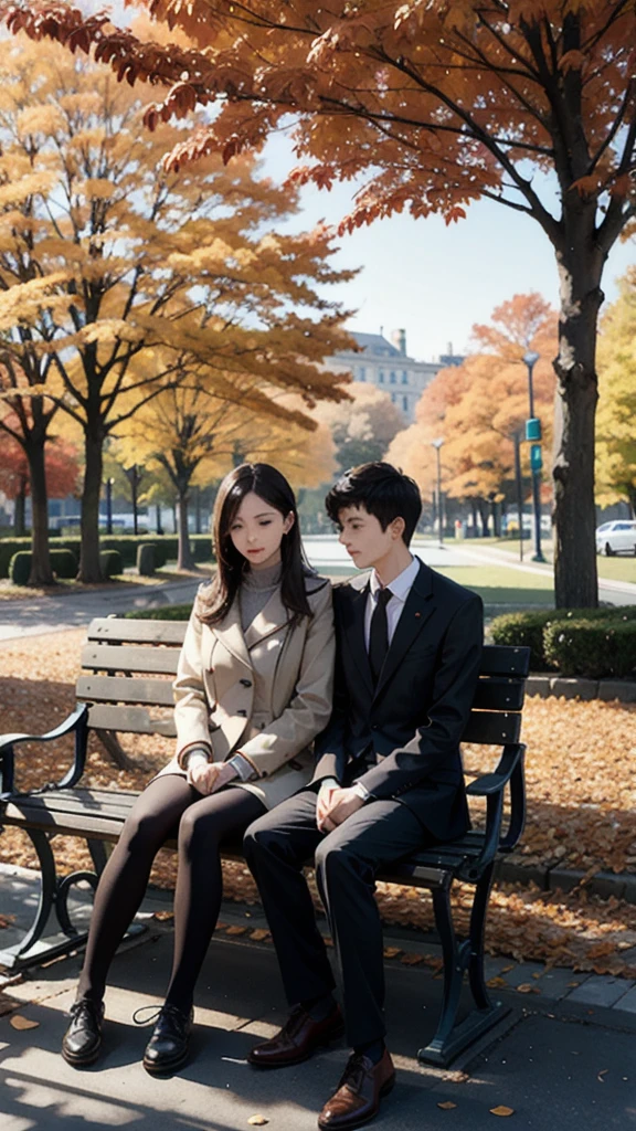 A serene park bench surrounded by autumn leaves.