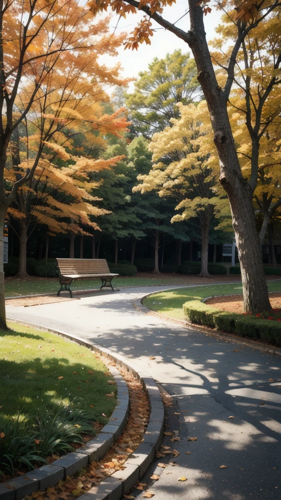 A serene park bench surrounded by autumn leaves.