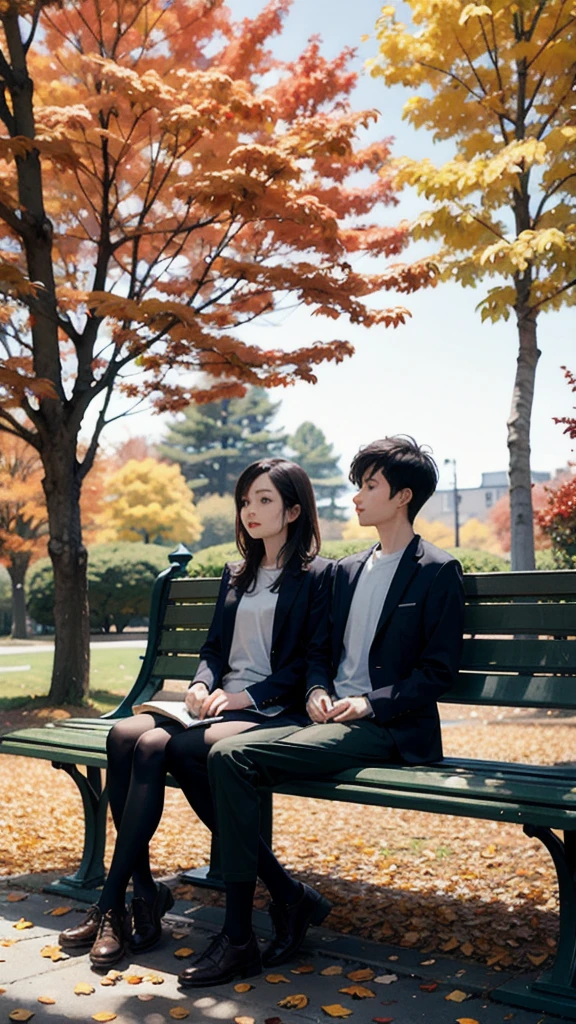 A serene park bench surrounded by autumn leaves.