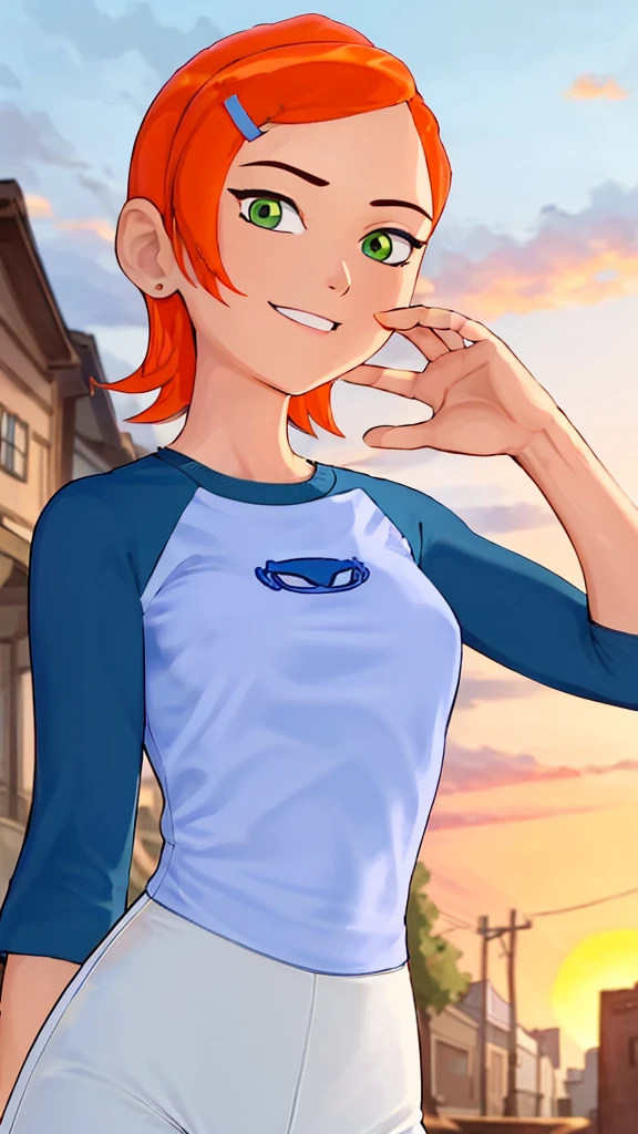 ((best quality)), ((highly detailed)), masterpiece, absurdres, (detailed eyes, deep eyes), (1girl), dynamic pose, upper body, gwen, hairclip, smiling, blue shirt, raglan sleeves, white pants, (outside, in a wild west town, sunset) , hot body , seyy , medium breasts , wet , full body 