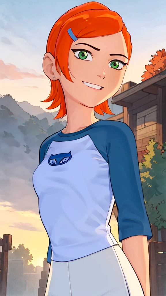 ((best quality)), ((highly detailed)), masterpiece, absurdres, (detailed eyes, deep eyes), (1girl), dynamic pose, upper body, gwen, hairclip, smiling, blue shirt, raglan sleeves, white pants, (outside, in a wild west town, sunset) , hot body , seyy , medium breasts , wet , full body 