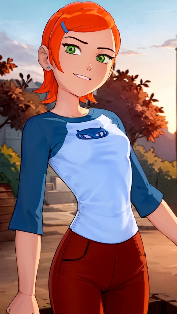 ((best quality)), ((highly detailed)), masterpiece, absurdres, (detailed eyes, deep eyes), (1girl), dynamic pose, upper body, gwen, hairclip, smiling, blue shirt, raglan sleeves, white pants, (outside, in a wild west town, sunset) , hot body , seyy , medium breasts , wet , full body 