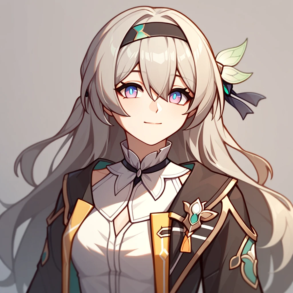 firefly_\(honkai:_star_rail\), 1girl, black_hairband, grey_hair, long_hair, purple_eyes, black_jacket, long_sleeves, hair_between_eyes, white_shirt, very_long_hair