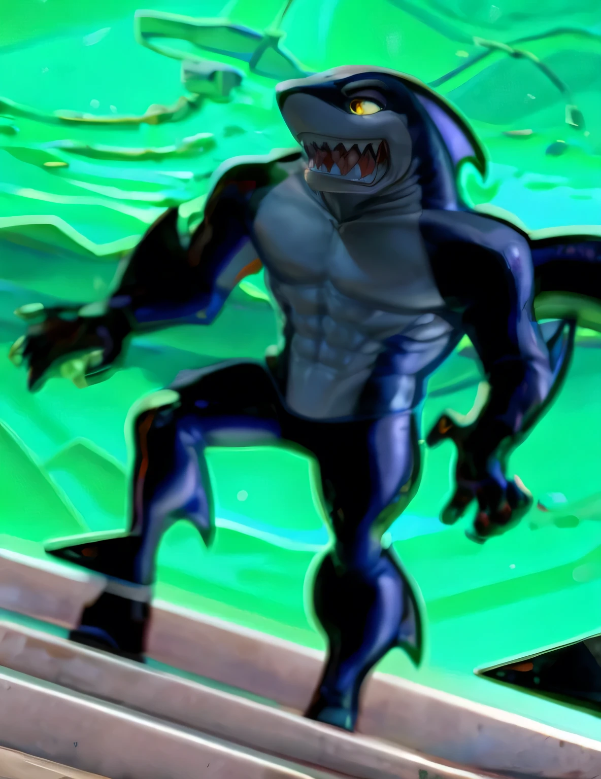 A humanoid shark creature stands tall, its yellow eyes gleaming with intensity as it showcases its sharp, clenched teeth. The male focus is centered on the subject's powerful physique, set against a vibrant, enhanced bright background that accentuates its otherworldly features. Art by TakahiroSi.cartoon style,detail_body,4k,high_resolution,masterpiece,smooth body,detail body,detail character