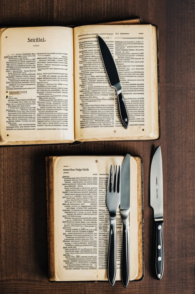 Open Bible with a fork on the right and a knife on the left 