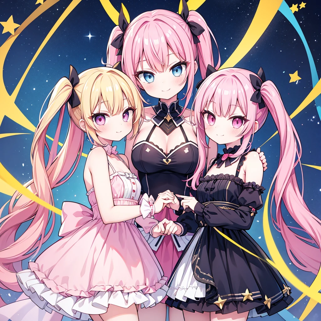 masterpiece, best quality, hyper detailed, 3girl, evil smiling, looking at viewerery,flat chest,blue hair,short twintails,middle hair,sky blue eyes
1girl, evil smiling, looking at viewer,flat chest,small breasts,pink hair,twintails,middle hair,pink eyes,with star-shaped eyes,
2girl, evil smiling, looking at viewer,big chest,yellow hair,twintails,middle hair,yellow eyes,with star-shaped eyes,