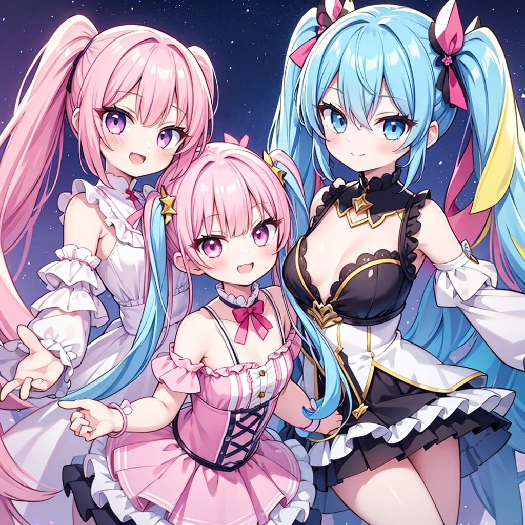 masterpiece, best quality, hyper detailed, 3girl, evil smiling, looking at viewerery,flat chest,blue hair,short twintails,middle hair,sky blue eyes
1girl, evil smiling, looking at viewer,flat chest,small breasts,pink hair,twintails,middle hair,pink eyes,with star-shaped eyes,
2girl, evil smiling, looking at viewer,big chest,yellow hair,twintails,middle hair,yellow eyes,with star-shaped eyes,