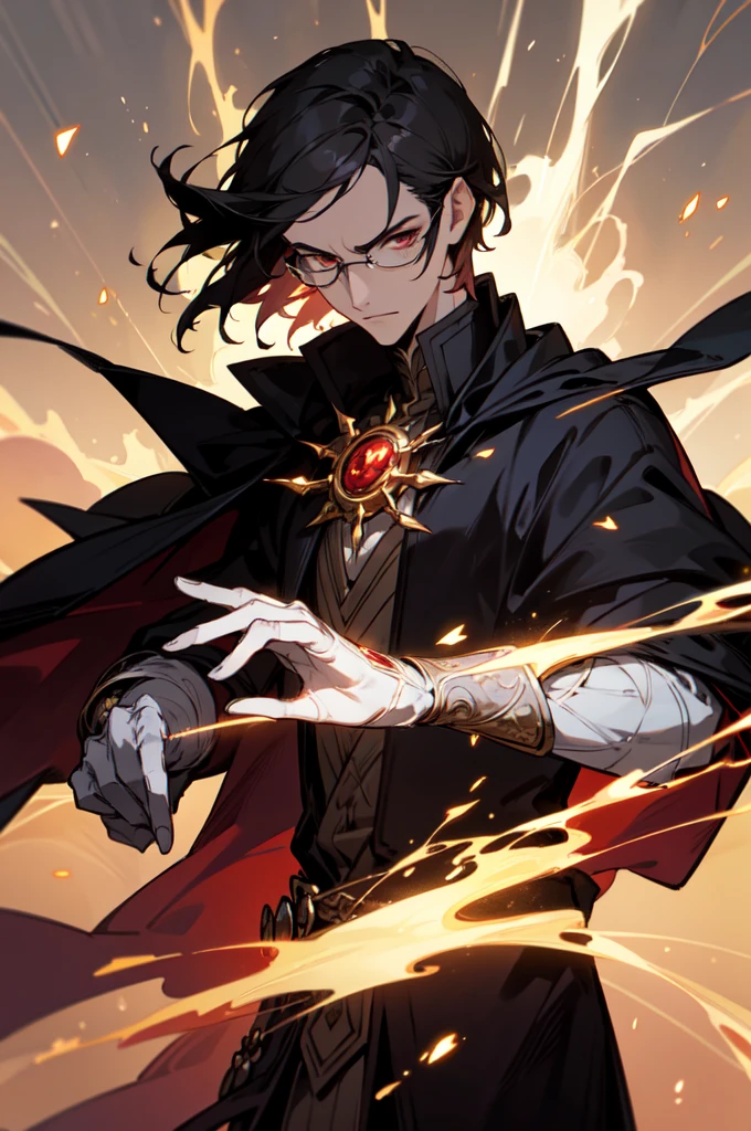 masterpiece, best quality, 1 male, young, tall muscular, handsome, finely detailed eyes, intricate details, black hair, short hair, evil face, solo, upper body, detailed dark shadow background, detailed face, good sorcerer, color magical robes, determined expression, white color scheme, dark crimson light, glowing magical runes, realistic lighting, floating particles, sparks, surrounded by gold lightning red arcane symbols, corrupted by eldritch power, bloom, glasses, gloves