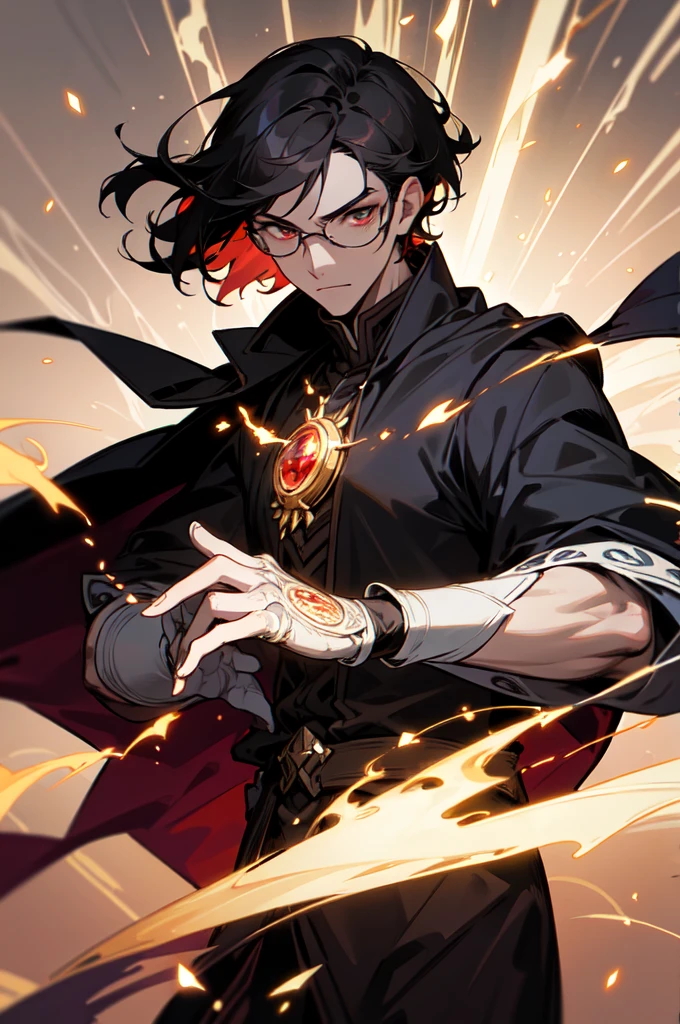 masterpiece, best quality, 1 male, young, tall muscular, handsome, finely detailed eyes, intricate details, black hair, short hair, evil face, solo, upper body, detailed dark shadow background, detailed face, good sorcerer, color magical robes, determined expression, white color scheme, dark crimson light, glowing magical runes, realistic lighting, floating particles, sparks, surrounded by gold lightning red arcane symbols, corrupted by eldritch power, bloom, glasses, gloves